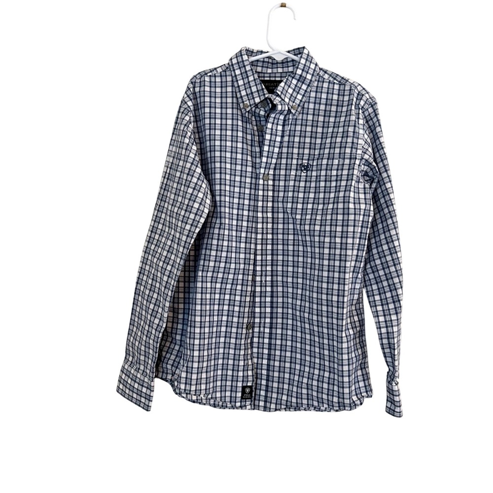 Ariat Pro Othman Classic LS Shirt Boys M 10-12 Blue White Plaid Western 10045100